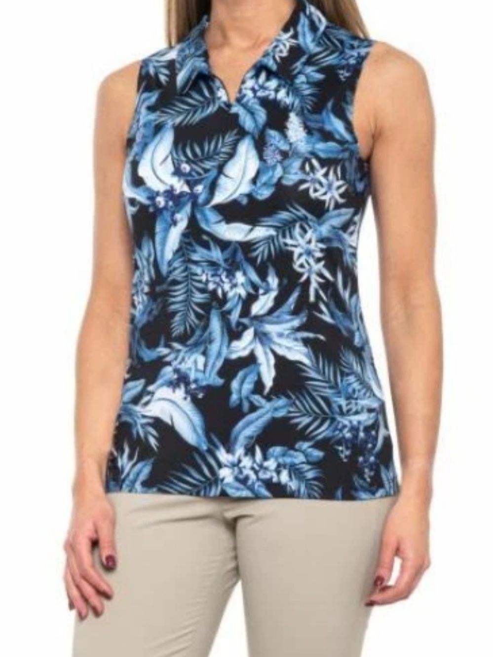 Tommy Bahama Blue Leaf Sleeveless Active Top Collar Zip jungle tabu